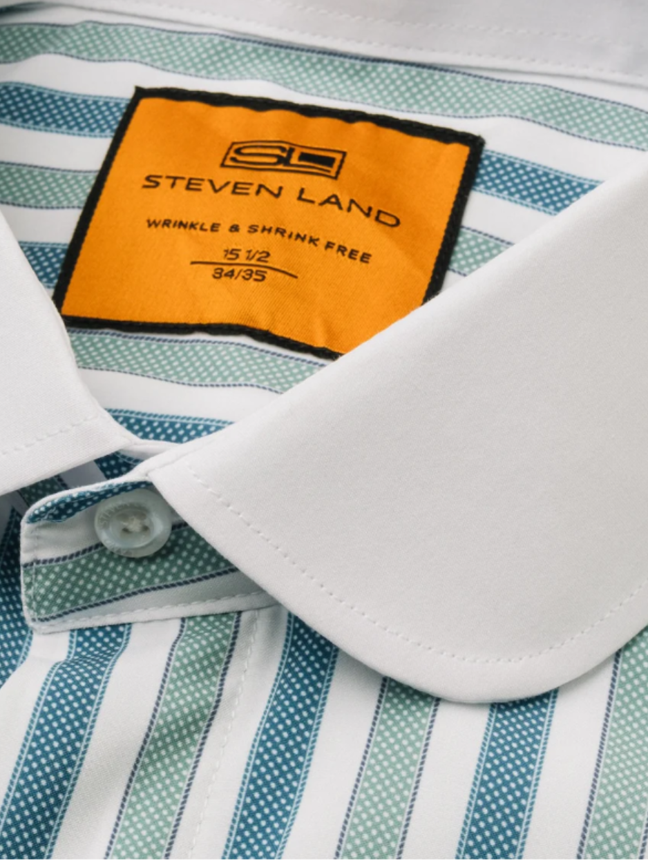 Steven Land Green & Teal Striped Club Collar French Cuff 100% Cotton Wrinkle & Shrink Free Dress Shirt