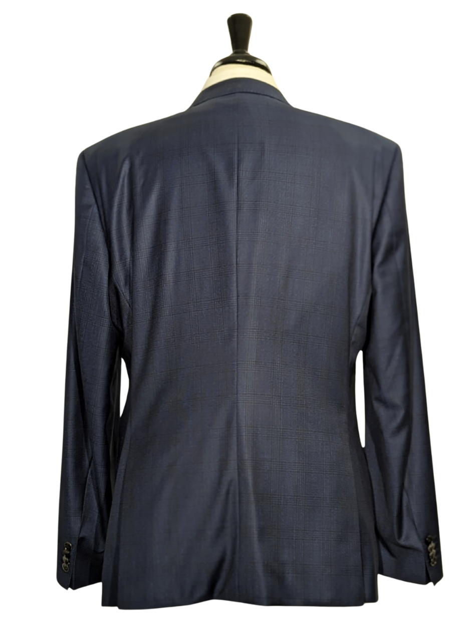 Hugo Boss Super 120s Navy Blue Plaid Windowpane Slim Fit Notch Lapels Wool 2-Button Suit - 44R