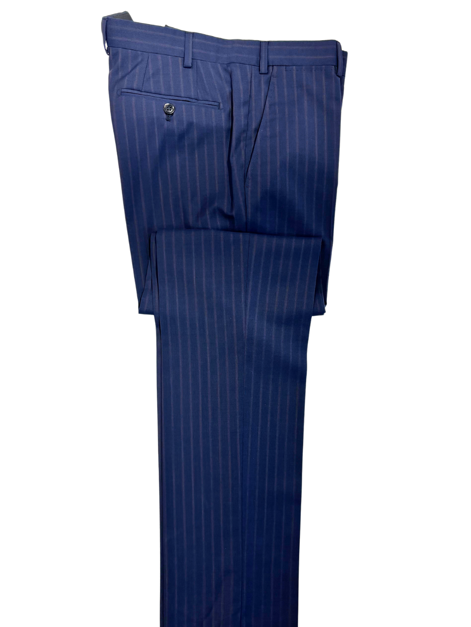Armani Collezioni S-Line Blue With Burgundy Pinstriped Notch Lapel Wool 2-Button Suit - 36R
