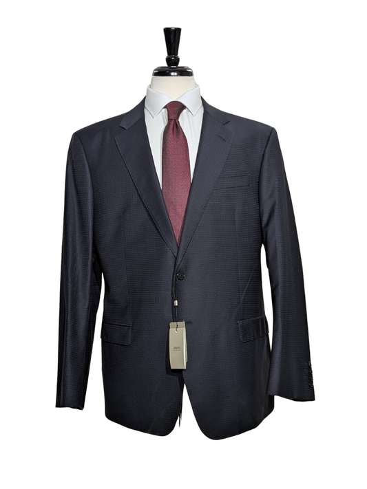 Armani Collezioni G-line Navy Blue Check Notch Lapel Wool Slim Fit 2-Button Suit - 48R