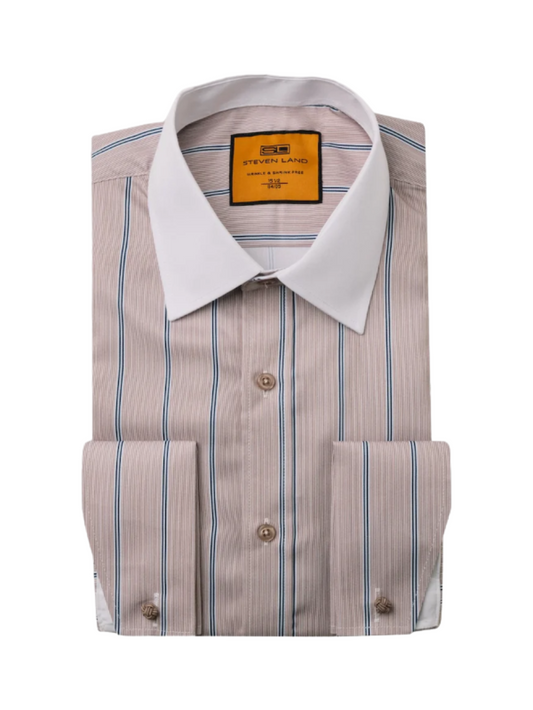 Steven Land Brown Stripe Spread Collar French Cuff Wrinkle & Shrink Free Dress Shirt