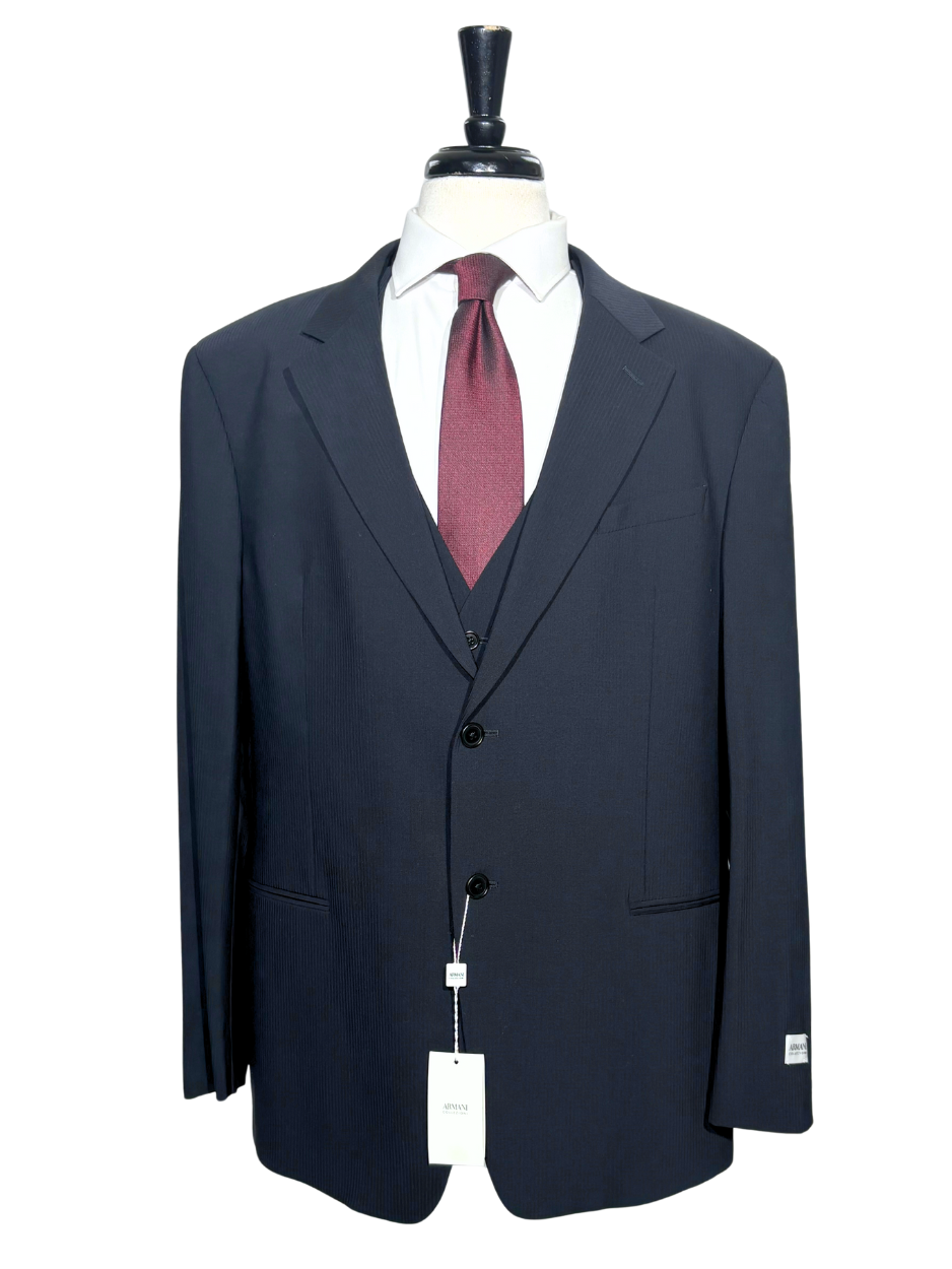 Armani Collezioni Navy Tonal Pinstriped Notch Lapel 3-Piece wool Stretch Suit - 48R