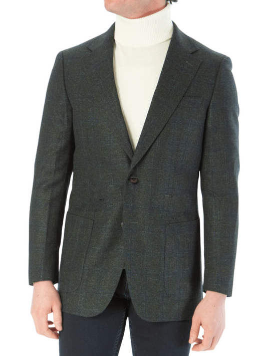 Sartoria Mazara Mens Classic Fit Green With Blue Check 2 Button Stretch Blazer Sportcoat
