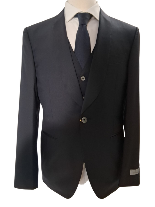 Canali Solid Black 3-piece 1-button 100% Wool Suit 42R