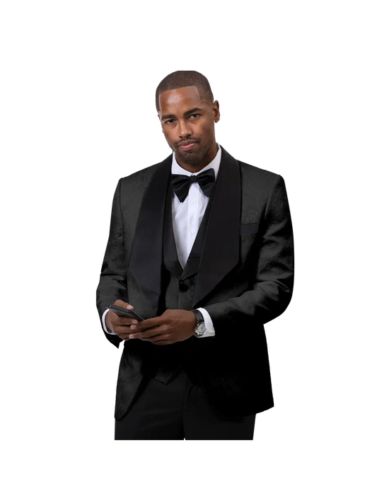 Kent & Park Mens Black Floral Tuxedo Prom Jacket Vest & Matching Bowtie
