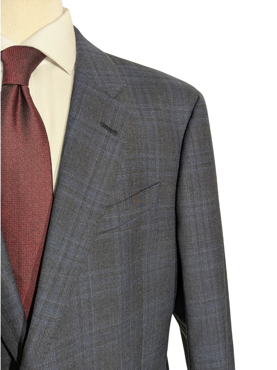 Armani Collezioni Navy Blue and Gray Check 100% Wool Notch Lapel 2 Button Suit 46R