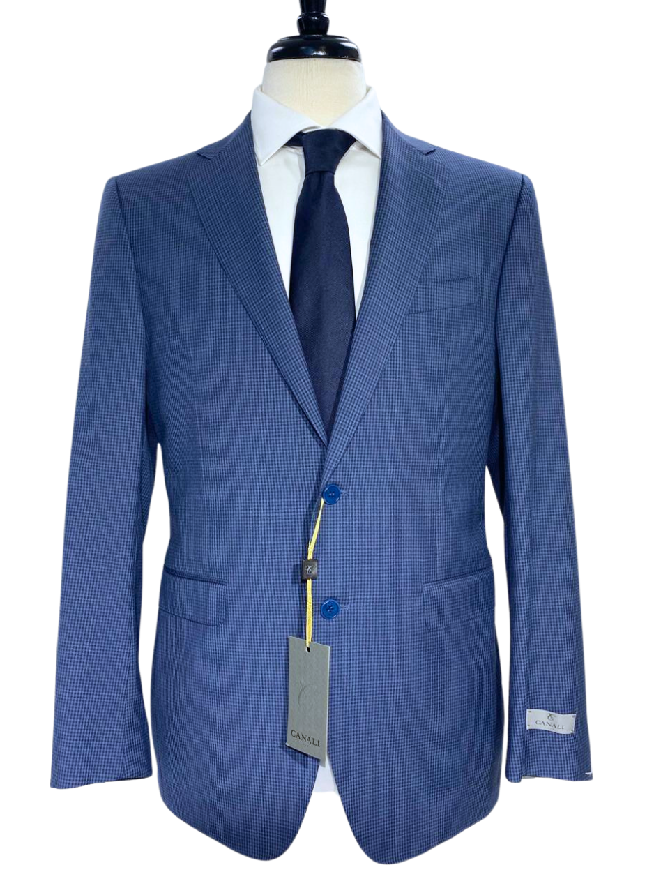 Canali Blue Check Notch Lapel 100% Wool 2 Button Suit 40R