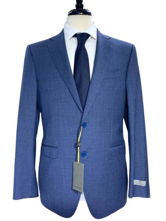 Canali Blue Check Notch Lapel 100% Wool 2 Button Suit 40R