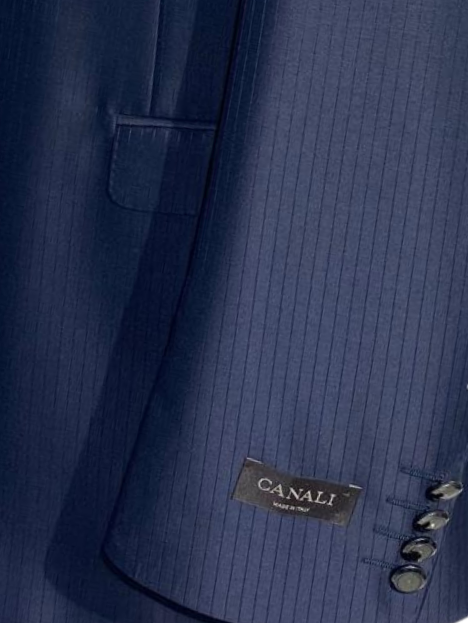 Canali Navy Blue Tonal Pinstriped Peak Lapel Wool-Silk Blend 1 Button Suit 44L