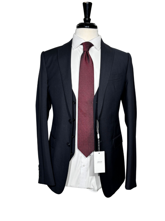Armani Collezioni M-Line Solid Black Wool Blend Notch Lapel Modern Fit 3 Piece Suit 36R