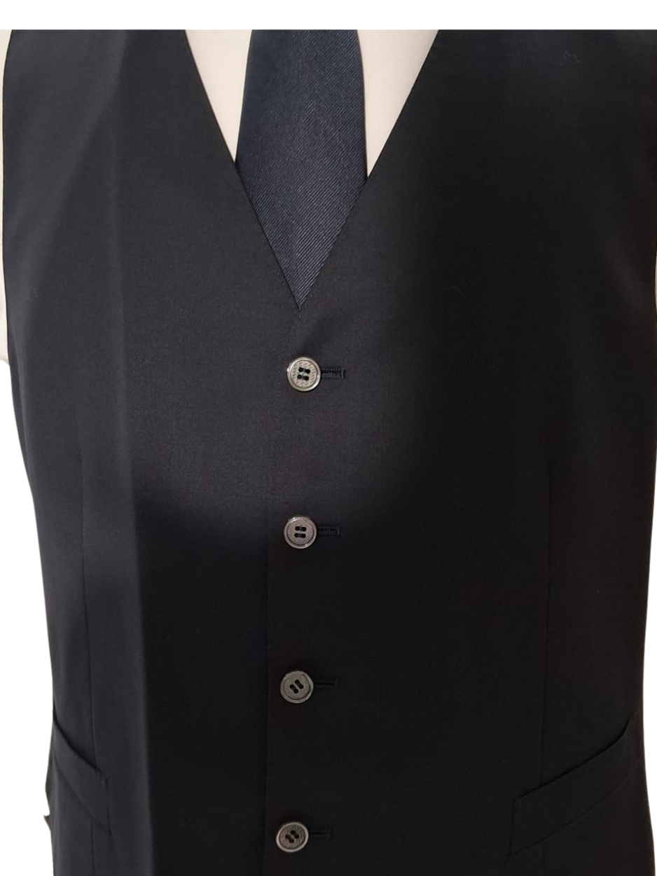 Canali Solid Black 3-piece 1-button 100% Wool Suit 42R