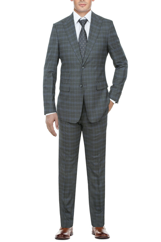 English Laundry Gray With Blue Windowpane Slim Fit Peak Lapel 2 Button Stretch Suit