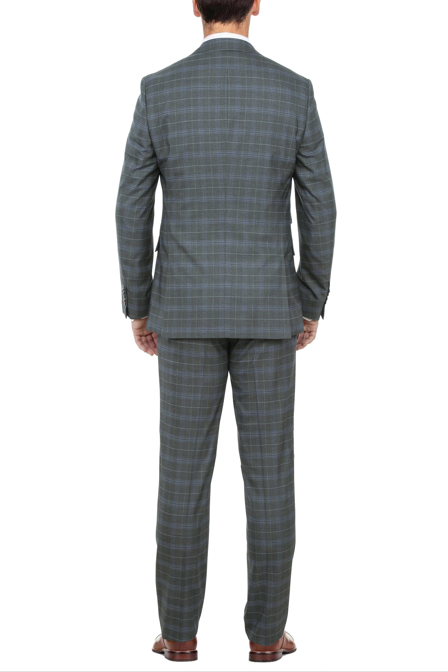 English Laundry Gray With Blue Windowpane Slim Fit Peak Lapel 2 Button Stretch Suit