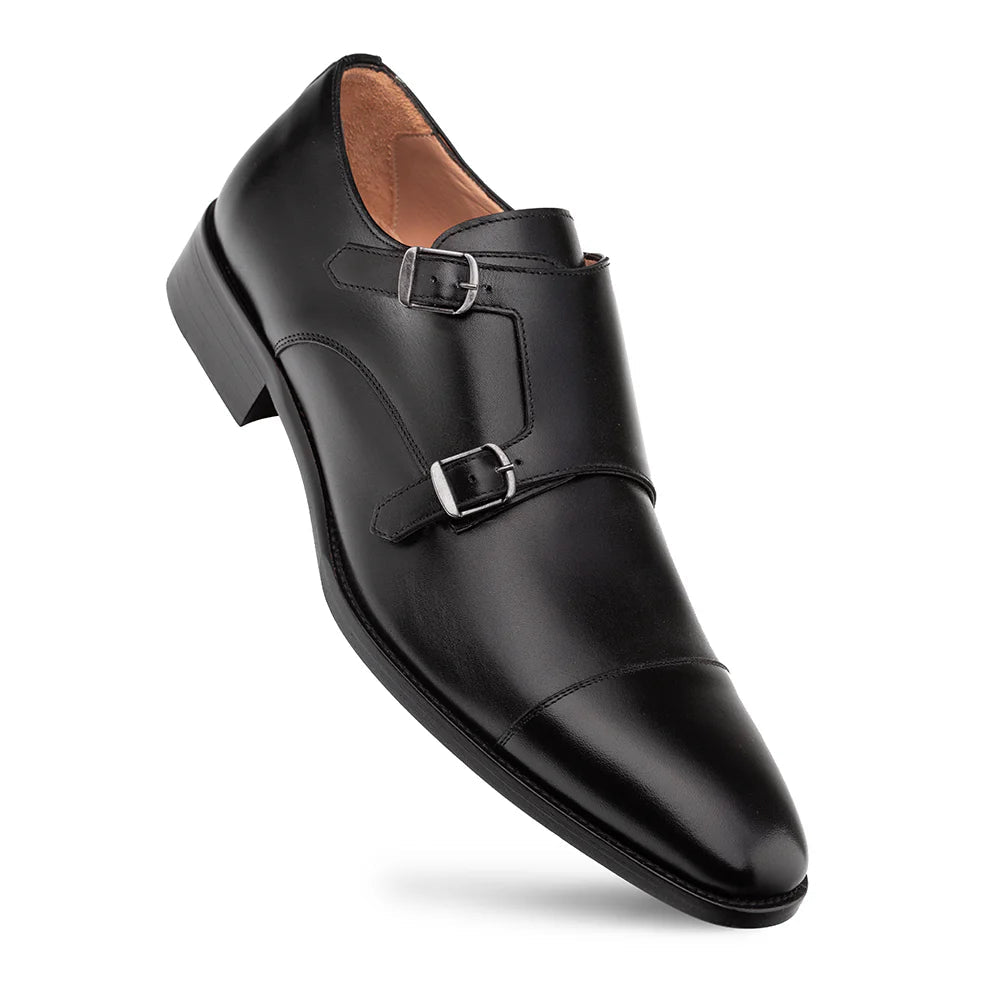 Mezlan Mens Black Cap Toe Double Monk Strap Leather Dress Shoes