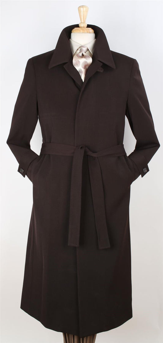 Black Diamond Mens Solid Brown 100% Wool Gabardine Belted Duster Overcoat