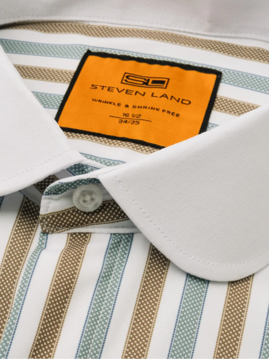 Steven Land Brown & Sage Striped Club Collar French Cuff 100% Cotton Wrinkle & Shrink Free Dress Shirt