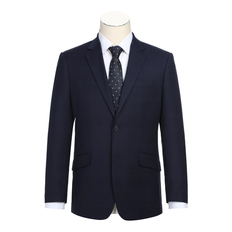 Raphael Windowpane Navy Blue Slim Fit Notch Lapels Two Button Stretch Suit