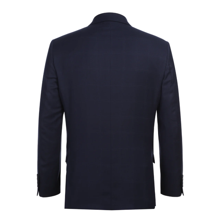 Raphael Windowpane Navy Blue Slim Fit Notch Lapels Two Button Stretch Suit
