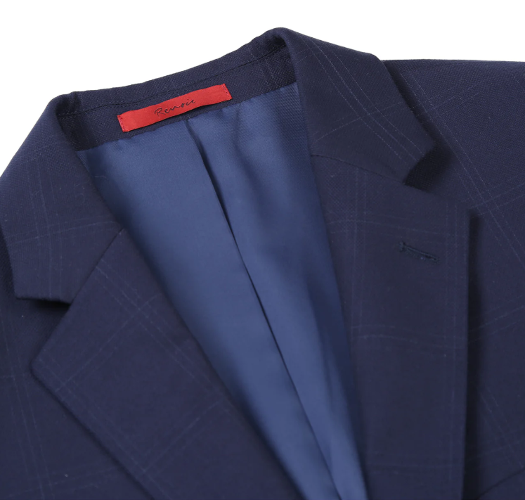 Raphael Windowpane Navy Blue Slim Fit Notch Lapels Two Button Stretch Suit