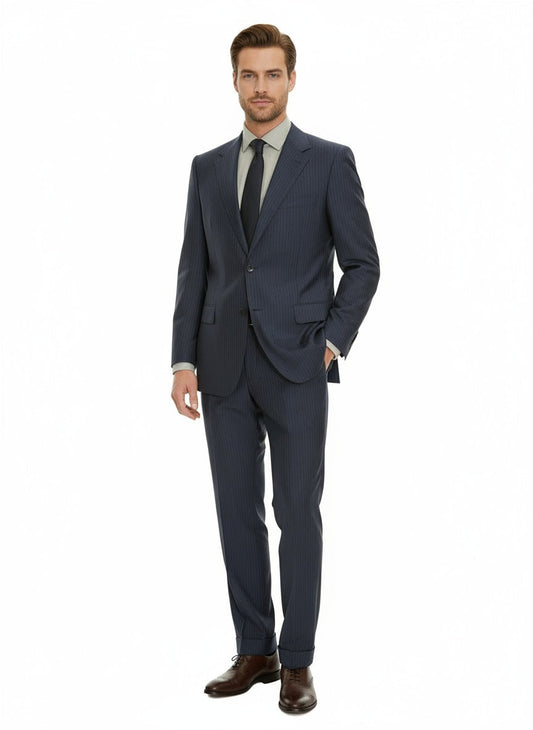 Canali Blue Tonal Pinstriped 100% Wool 3-Button Suit 40L