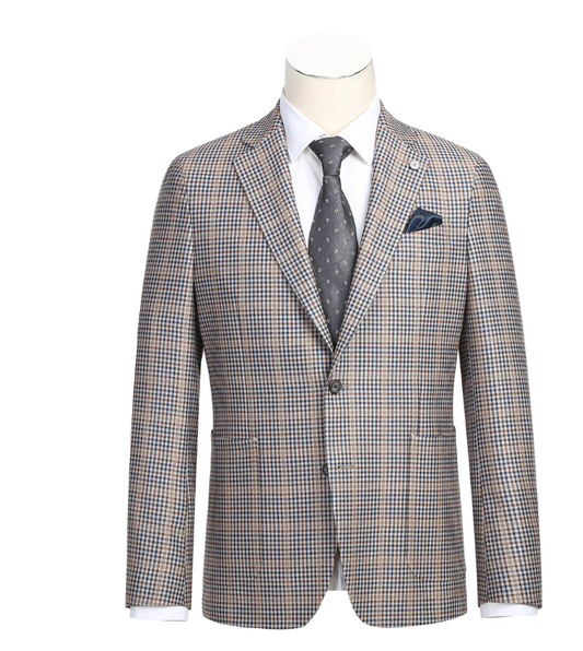 Raphael Brown And Blue Houndstooth Slim Fit Half Canvas Notch Lapel Two Button  Blazer