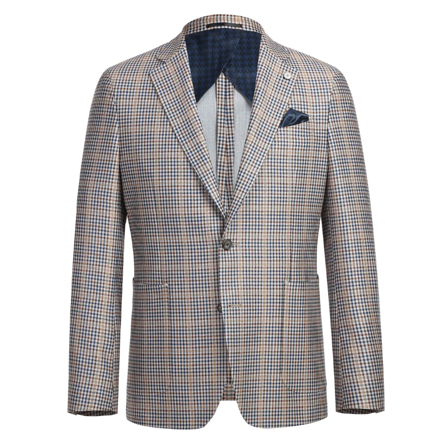 Raphael Brown And Blue Houndstooth Slim Fit Half Canvas Notch Lapel Two Button  Blazer