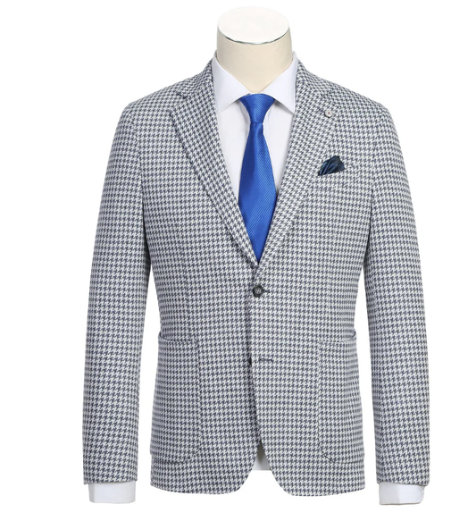 Raphael Blue White Houndstooth Slim Fit Patch Pockets Notch Lapels Blazer