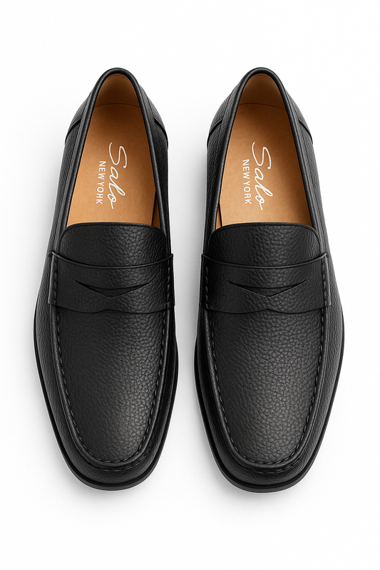 Salo NY Tolentino Men's Black Pebbled Leather Slip-On Penny Loafers Dress Shoes