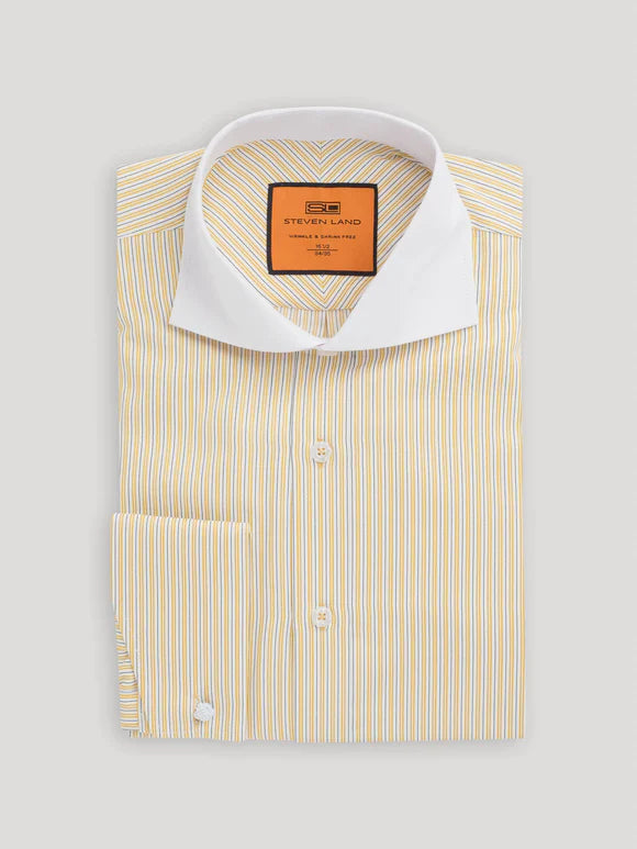 Steven Land Gold Striped French Cuff Contrast Cutaway Collar Cotton Blend Dress Shirt