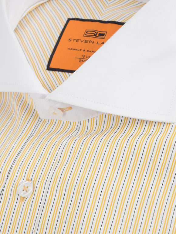 Steven Land Gold Striped French Cuff Contrast Cutaway Collar Cotton Blend Dress Shirt