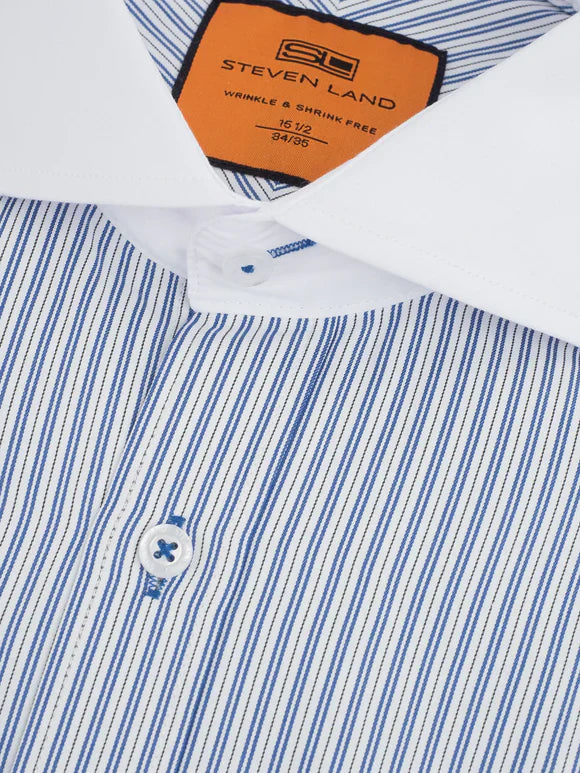 Steven Land Navy Striped French Cuff Contrast Cutaway Collar Cotton Blend Dress Shirt