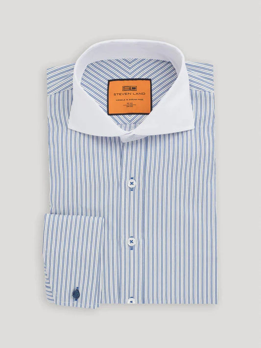Steven Land Navy Striped French Cuff Contrast Cutaway Collar Cotton Blend Dress Shirt