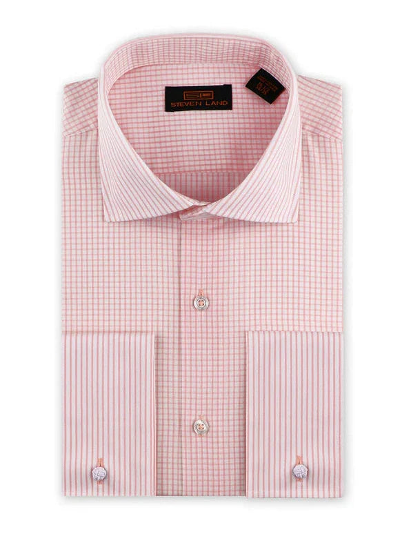 Steven Land Mens Pink Check Classic Fit 100% Cotton French Cuff Cutaway Collar Dress Shirt