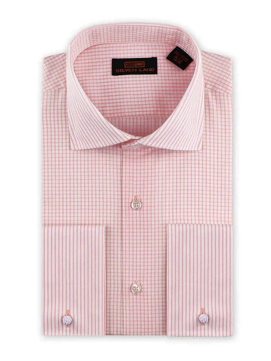 Steven Land Mens Pink Check Classic Fit 100% Cotton French Cuff Cutaway Collar Dress Shirt