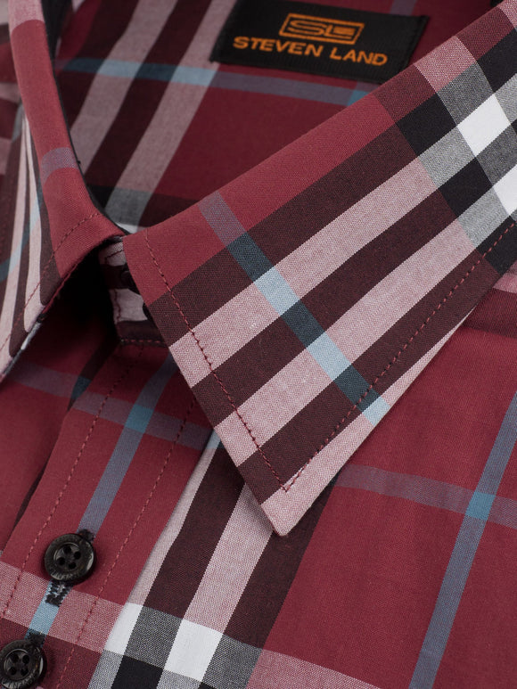 Steven Land Mens Classic Fit Burgundy Plaid 100% Cotton Dress Shirt