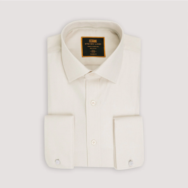 Steven Land Cream Herringbone Tailored Fit Spread Collar Wrinkle & Shrink Free Cotton Dress Shirt