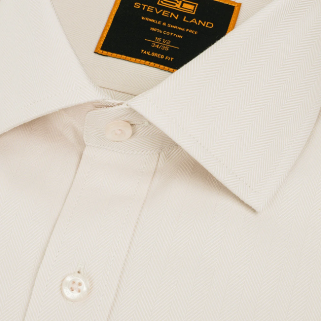 Steven Land Cream Herringbone Tailored Fit Spread Collar Wrinkle & Shrink Free Cotton Dress Shirt
