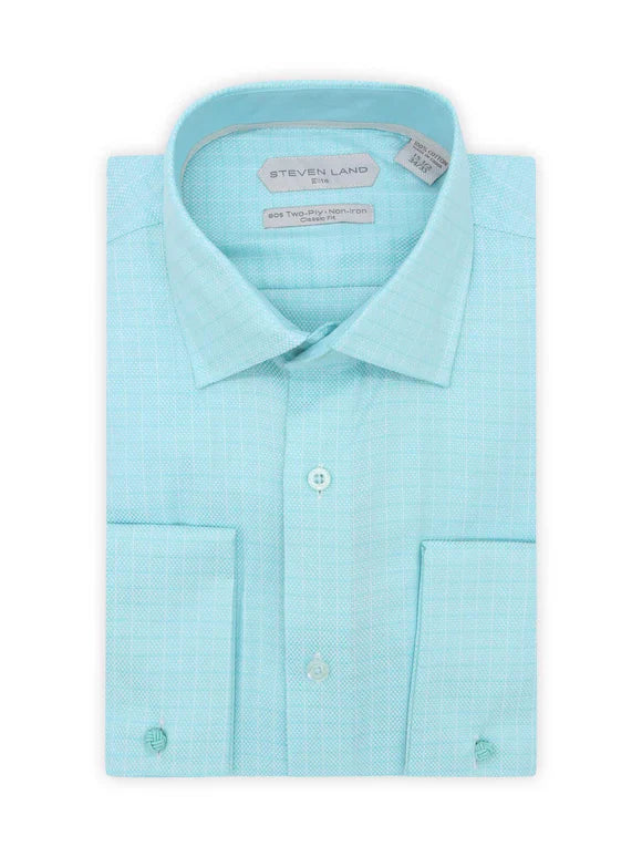Steven Land Mens Aqua Blue Classic Fit French Cuff 100% Cotton Dress Shirt