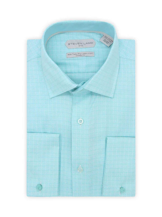 Steven Land Mens Aqua Blue Classic Fit French Cuff 100% Cotton Dress Shirt