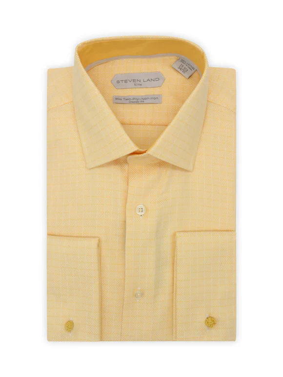 Steven Land Mens Yellow Check Classic Fit 100% Cotton French Cuff Dress Shirt
