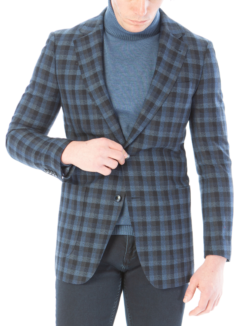 Sartoria Mazara Mens Slim Fit Black & Blue Check 100% Wool Blazer Sportcoat