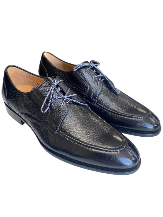 Mezlan Fratello Black Pebbled Leather Apron Toe Derby Dress Shoes