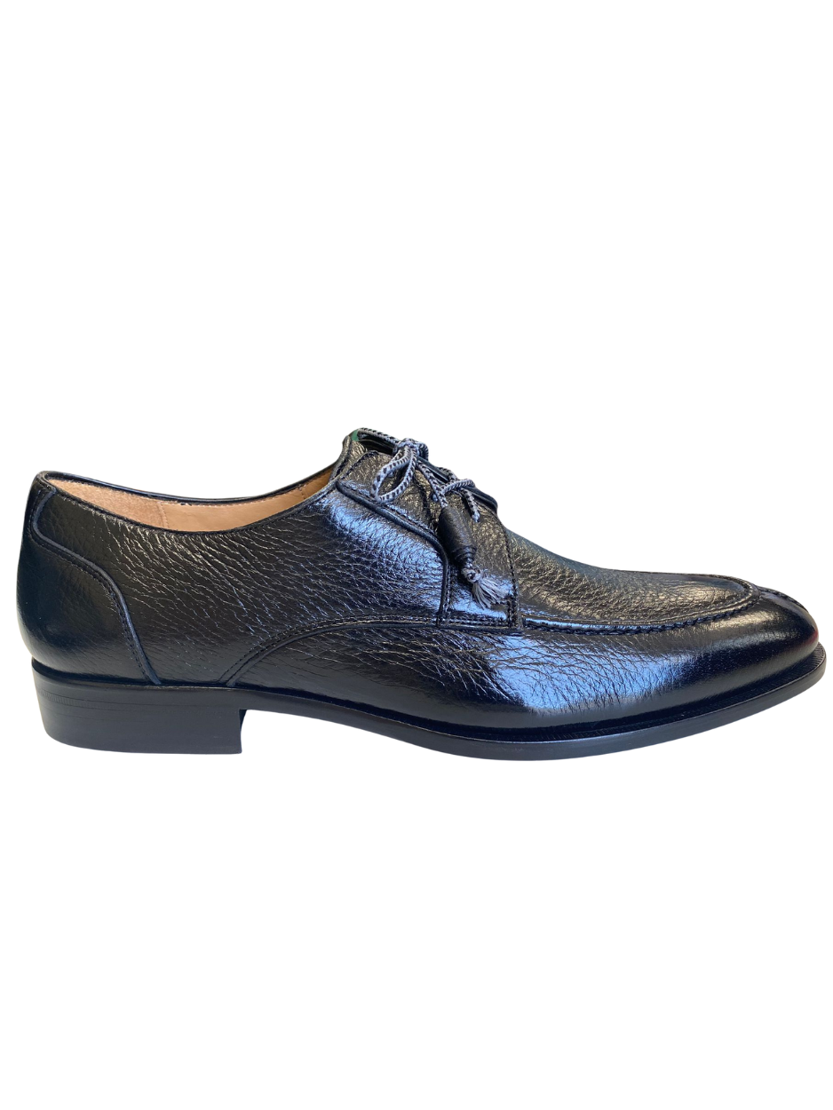 Mezlan Fratello Black Pebbled Leather Apron Toe Derby Dress Shoes
