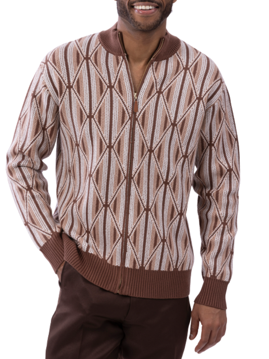 Montique Geometric Diamond Brown Beige Regular Fit Full Zip Cotton Knit Sweater