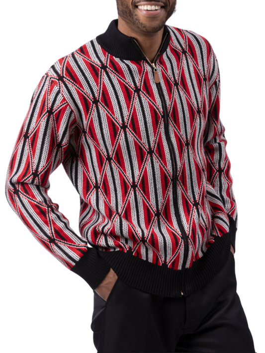 Montique Geometric Diamond Black Ivory Red Regular Fit Full Zip Cotton Knit Sweater