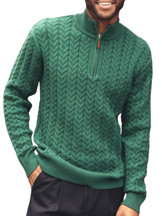 Montique Emerald Green Chevron Cable Regular Fit Quarter Zip Cotton Knit Sweater