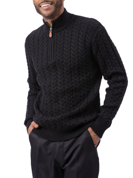 Montique Black Chevron Cable Regular Fit Quarter Zip Cotton Knit Sweater
