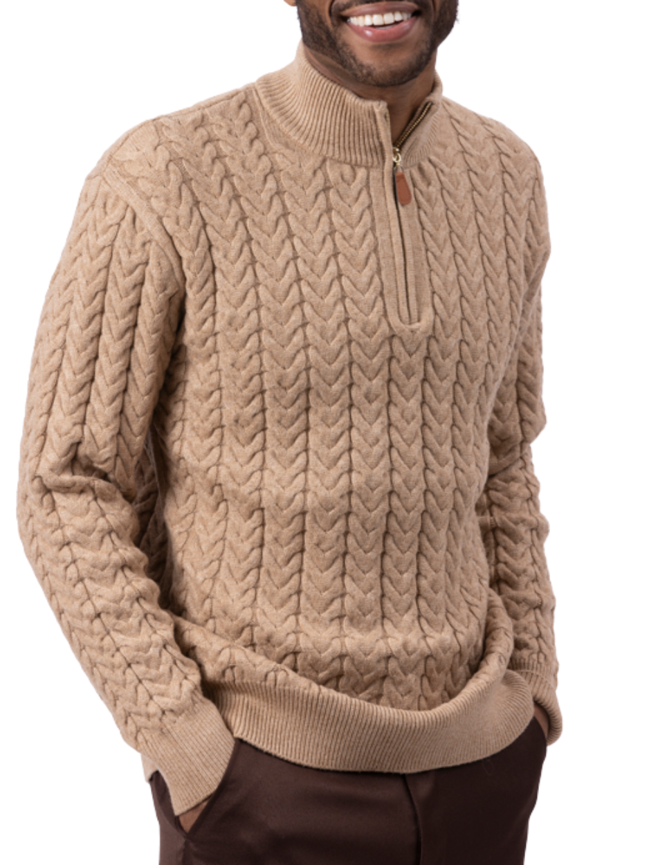 Montique Beige Chevron Cable Regular Fit Quarter Zip Cotton Knit Sweater