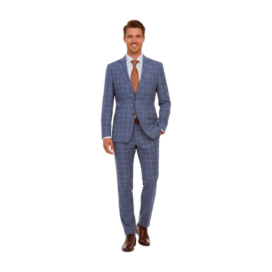 Raphael Blue Checked Slim Fit Stretch Notch Lapel Two Button Suit