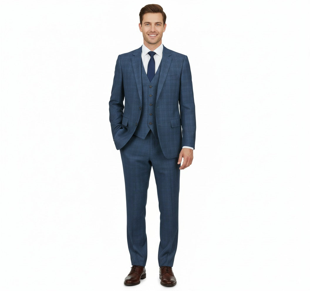Raphael Blue Plaid Classic Fit Notch Lapel Two Button 3 Piece Suit